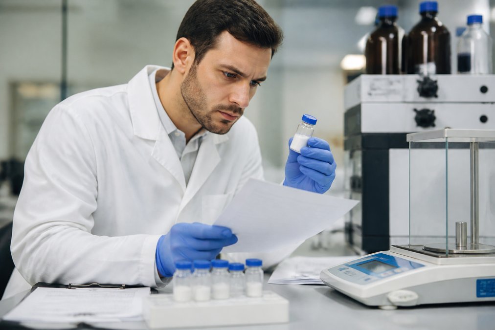 Onderzoeker controleert peptide-monsters en COA-documenten om peptide leveranciers vergelijken te vergemakkelijken