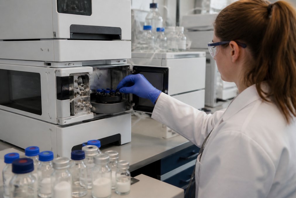 Laboratoriumtechnicus die een HPLC-apparaat bedient met peptide samples in glazen flacons op de werkbank, met computermonitor met chromatogrammen op de achtergrond