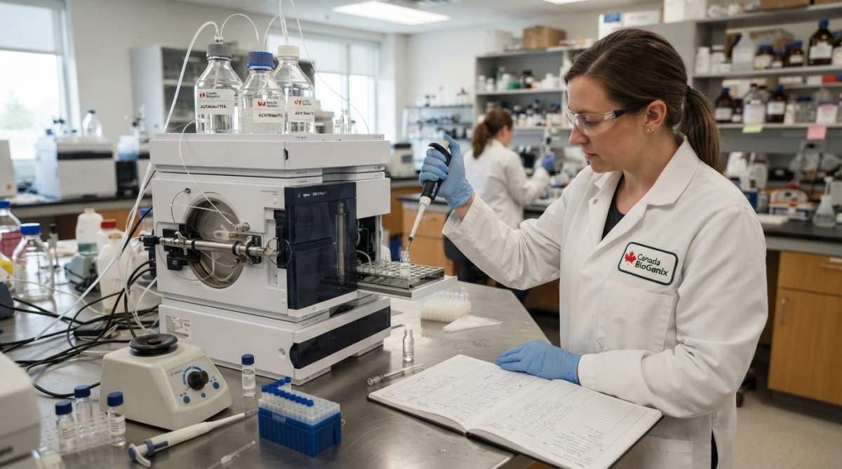 Laboratory technician operating a high-performance liquid chromatography (HPLC) instrument with visible sample vials and digital readouts in a modern analytical laboratory