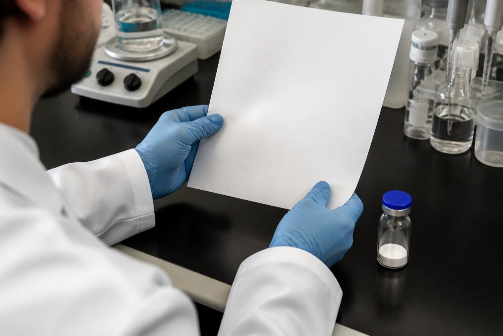 Close-up of a scientist's hands holding a printed Certificate of Analysis document next to a laboratory vial of lyophilized peptide powder on a clean bench with soft overhead lighting