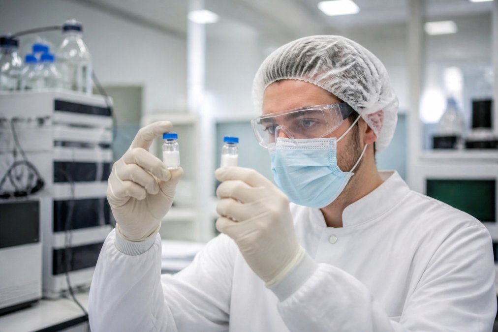 Technician verifying peptide purity in a clean room for biotech startups