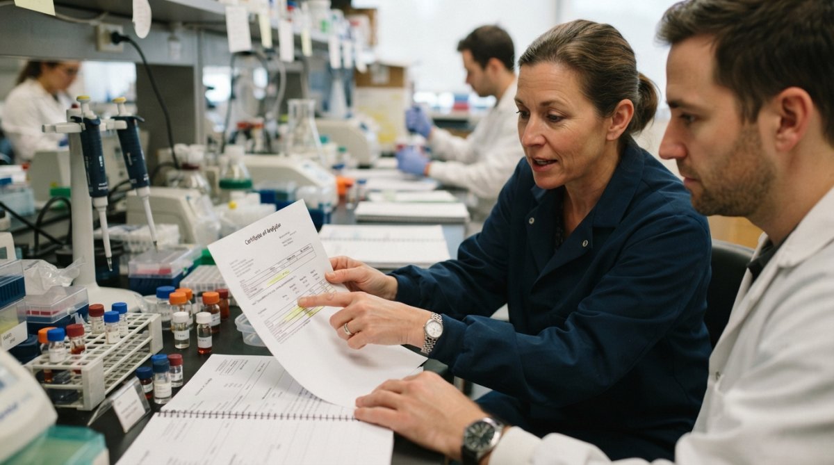 Close-up of a researcher's hands holding a printed Certificate of Analysis document next to a laboratory bench with vials and a pipette in the background, bright overhead lab lighting