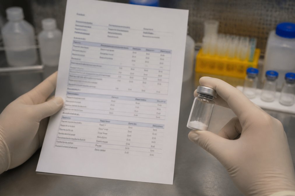 Close-up of a researcher's hands holding a printed Certificate of Analysis document beside a clear laboratory vial containing white lyophilized peptide powder, bright overhead lab lighting, stainless steel workbench surface