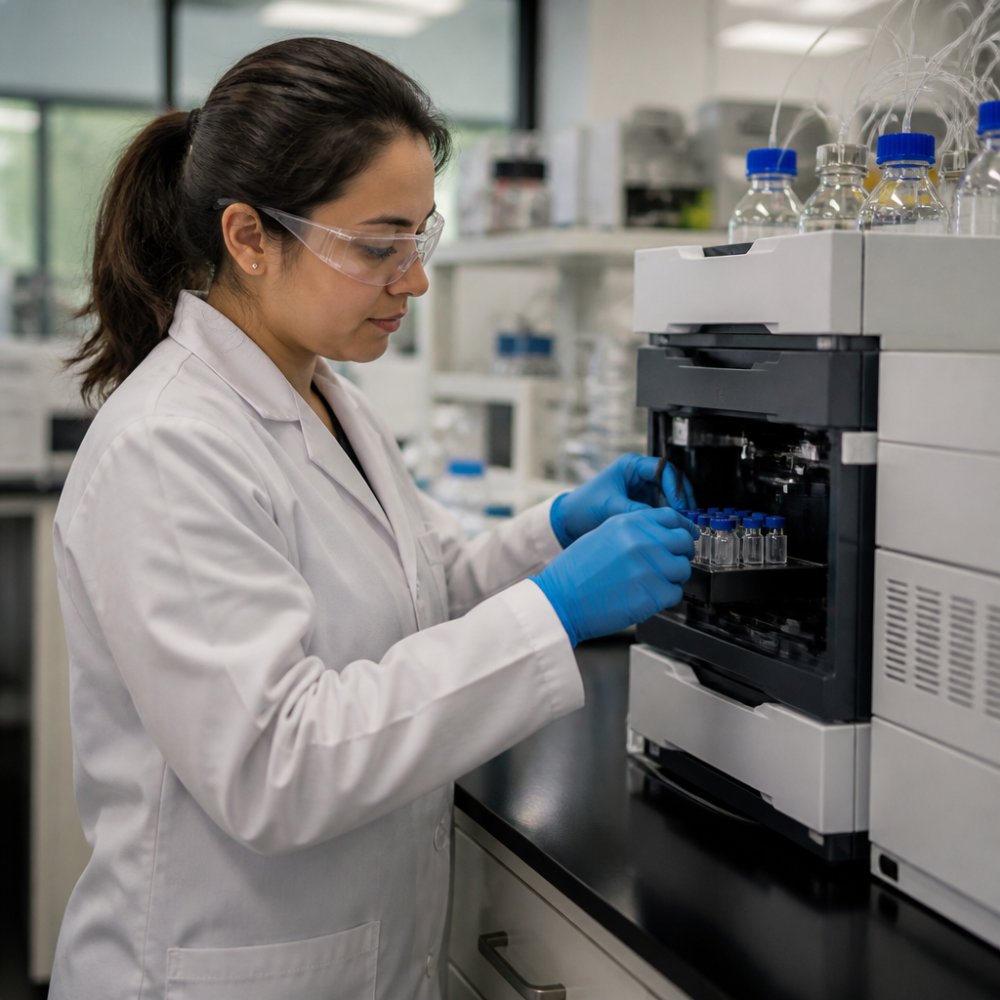 Laboratory technician analyzing peptide purity for drug discovery using modern HPLC equipment in a research lab