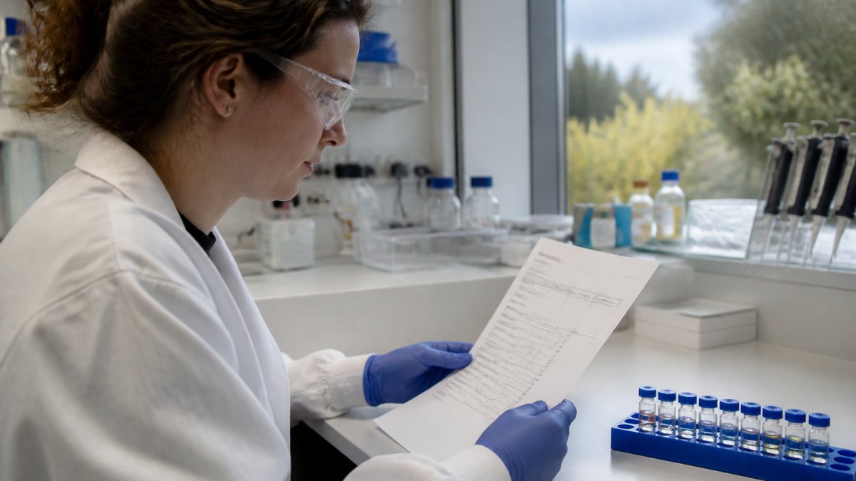 Scientist in a laboratory checking a peptide purity certificate alongside labelled peptide vials