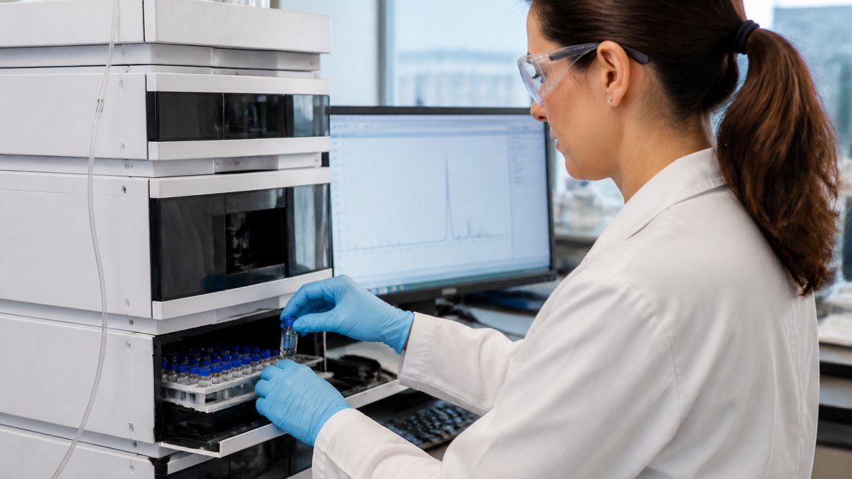 A researcher in a lab coat loading peptide sample vials into an HPLC instrument, with a computer screen showing a chromatogram trace in the background