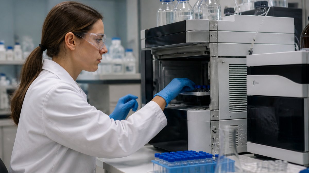 Professional laboratory technician working at an HPLC instrument in a modern research facility, examining sample preparation and equipment setup with careful attention to detail