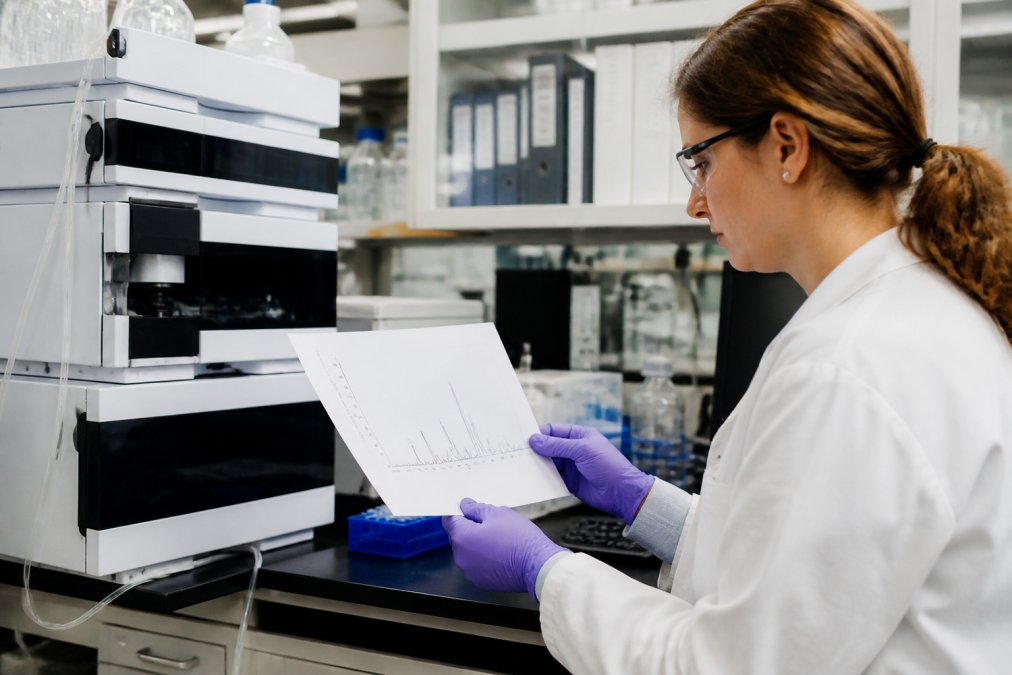 Scientist in a laboratory reviewing an HPLC chromatogram to verify peptide purity levels