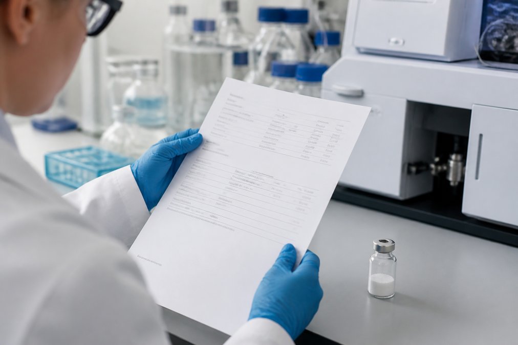 Researcher's hands carefully examining a printed Certificate of Analysis document at a laboratory bench, with a peptide vial and analytical equipment visible in the background under bright laboratory lighting