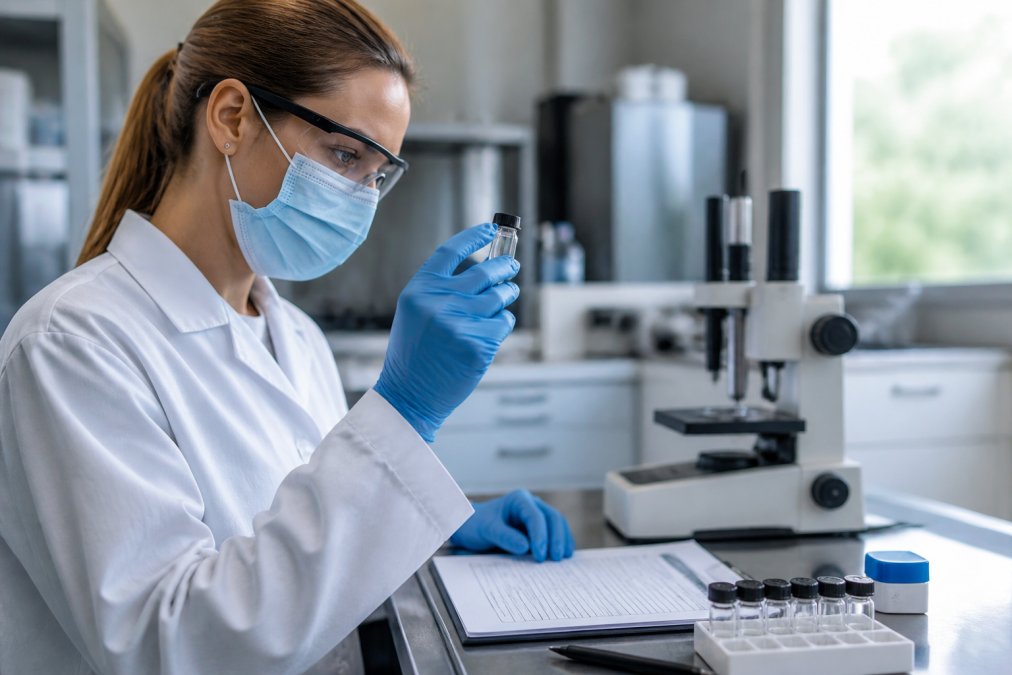 Laboratory technician carefully examining a peptide vial under controlled lighting in a modern research facility, with quality control documentation and testing equipment on the work surface