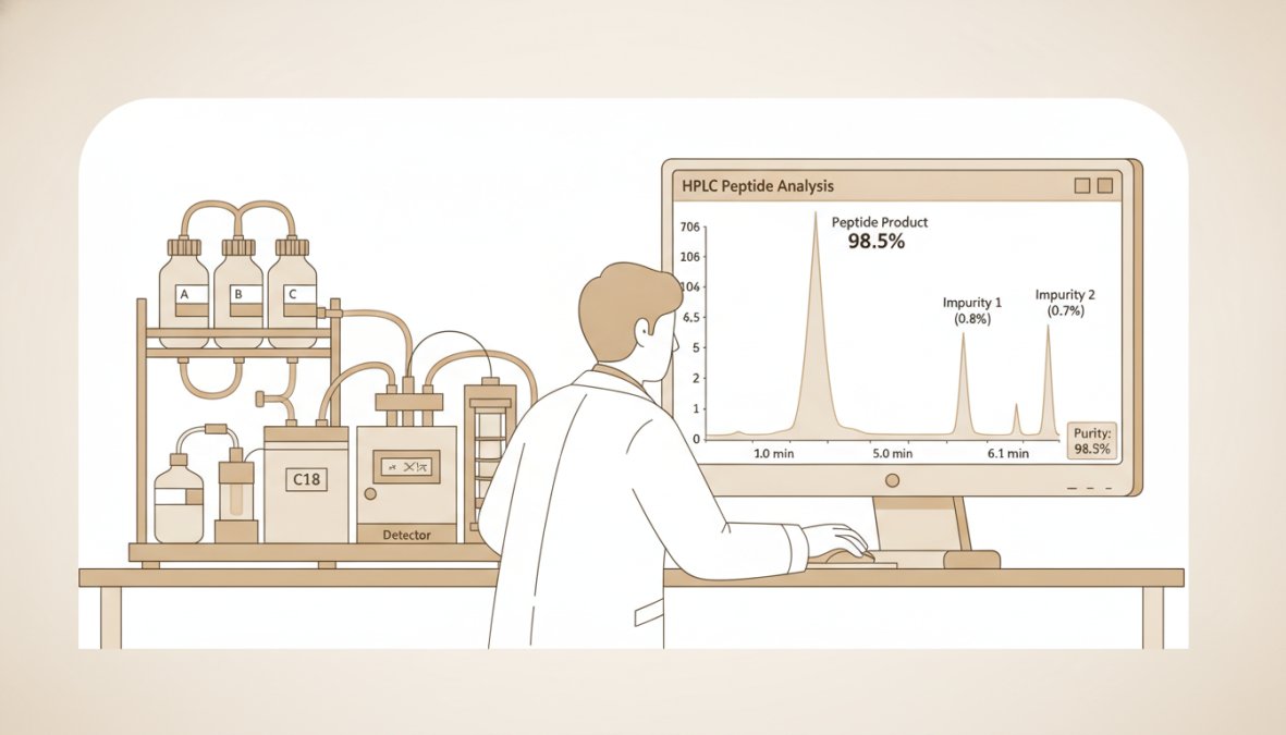 Close-up of laboratory technician examining HPLC equipment display showing chromatogram data with multiple peaks on computer screen in modern research facility with controlled lighting