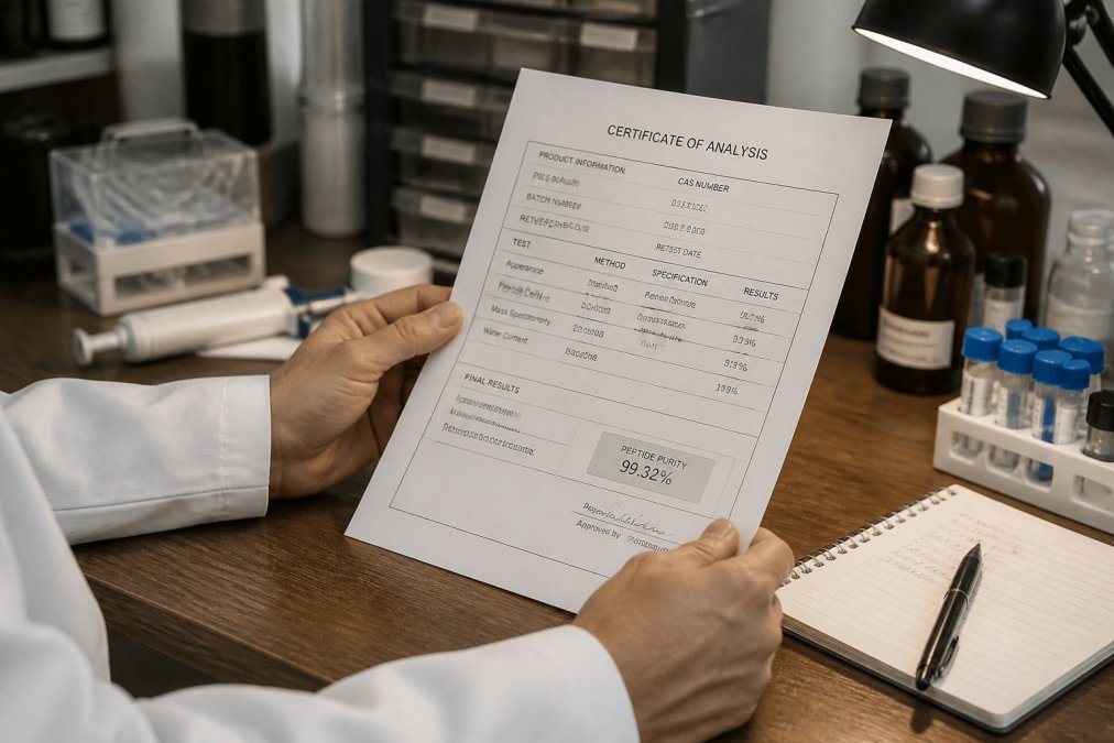 Close-up of a researcher's hands holding a printed Certificate of Analysis document with visible test results, data tables, and purity percentage metrics clearly displayed under desk lamp lighting