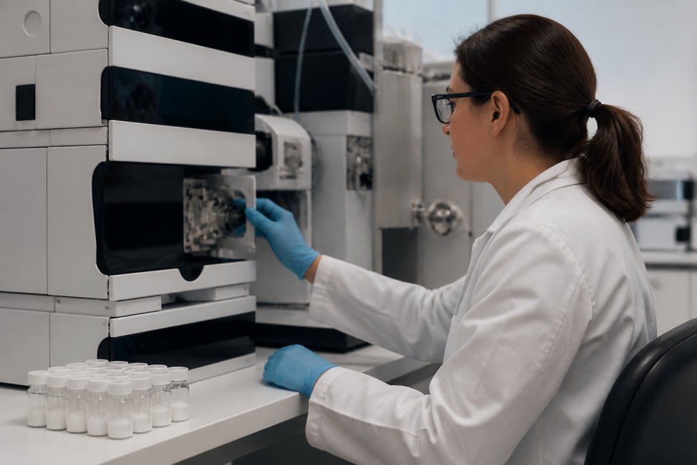 Scientist analyzing an HPLC chromatogram to verify peptide purity with lyophilized samples on a lab bench