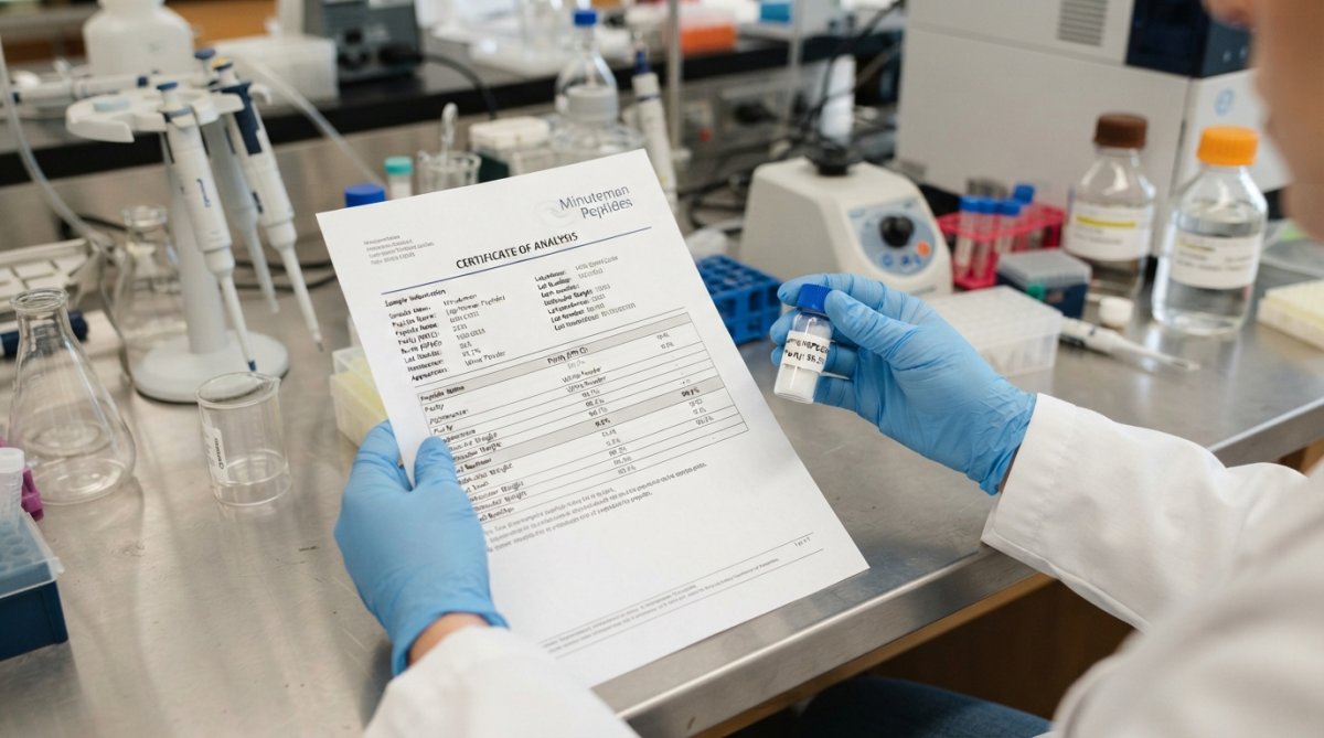 Close-up of a researcher's hands holding a printed Certificate of Analysis document next to a laboratory sample vial, bright overhead lighting, clean benchtop surface