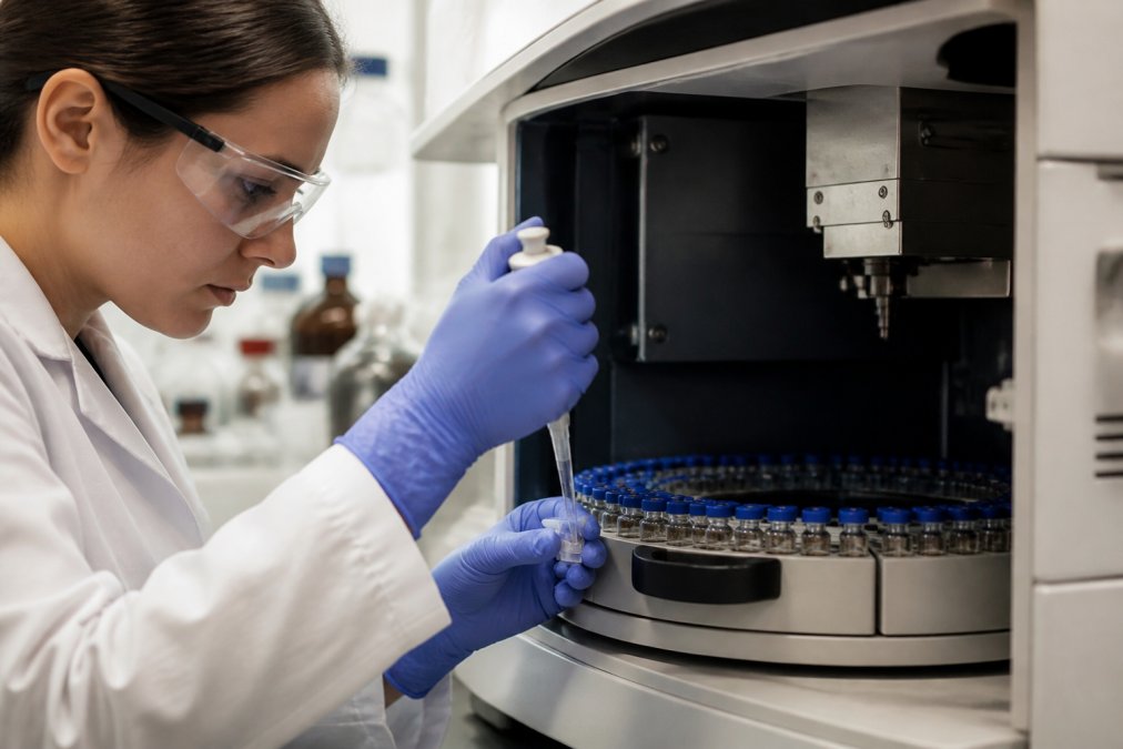 Laboratory technician carefully pipetting peptide sample into an HPLC vial while wearing sterile gloves, with rows of prepared samples visible in a temperature-controlled autosampler