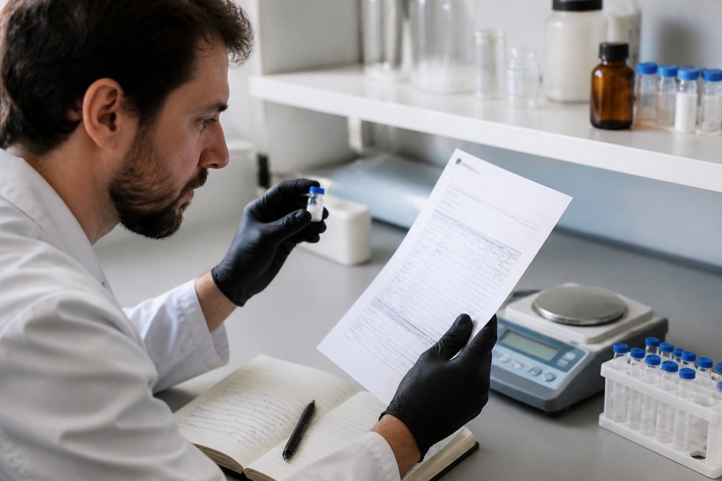Researcher carefully examining a printed Certificate of Analysis document while holding a sealed peptide vial, with laboratory notebook and calibrated scale visible on the bench