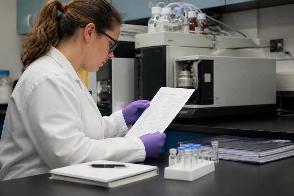 Researcher examining a printed Certificate of Analysis document at a laboratory bench with a laptop and notebook nearby, analytical equipment in background