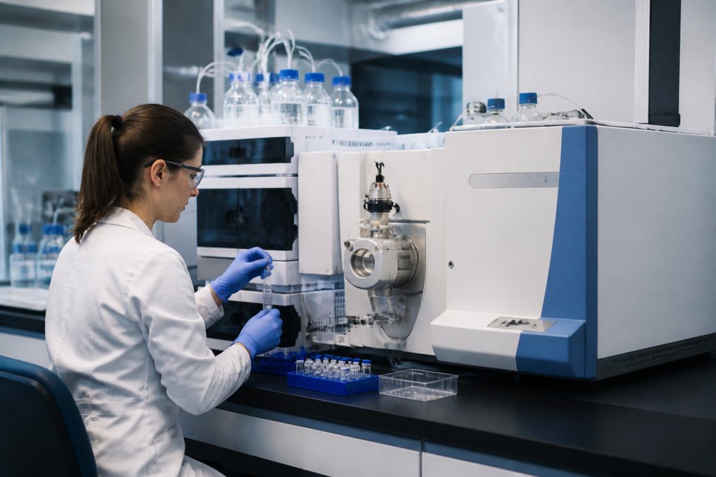Laboratory technician working with analytical equipment in modern research facility, preparing samples and monitoring chromatographic analysis on computer screen