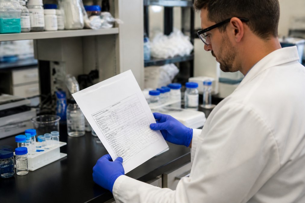 Researcher in laboratory examining a printed Certificate of Analysis document at a workbench with a computer monitor displaying analytical data in the background