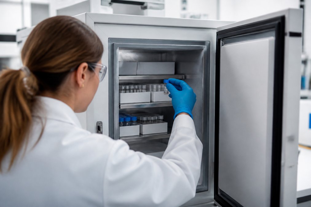 Researcher's gloved hands carefully placing a peptide vial into a temperature-controlled freezer unit in a modern laboratory setting
