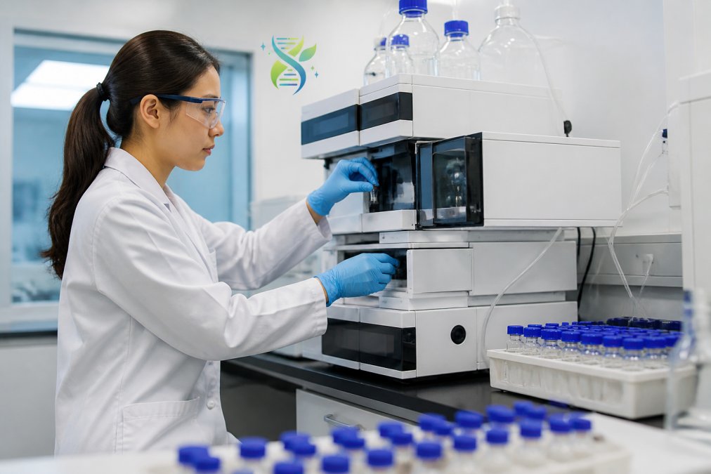 Laboratory technician carefully operating HPLC equipment with sample vials arranged on the bench, analytical instruments displaying chromatographic data on screen, bright laboratory lighting