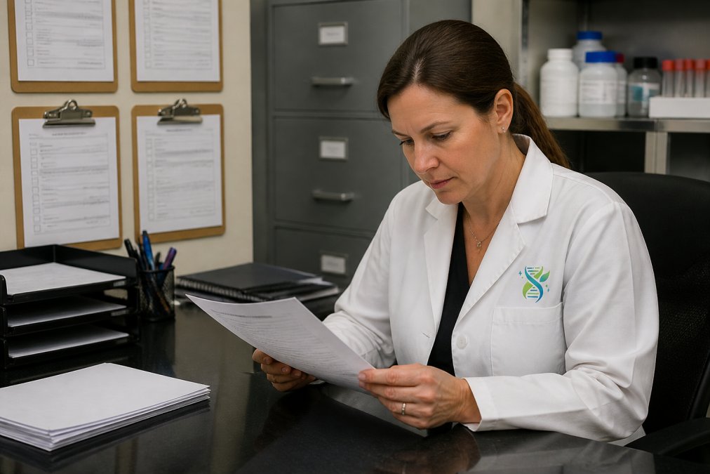 Laboratory manager reviewing a printed Standard Operating Procedure document at a desk with a computer displaying a batch tracking spreadsheet, filing cabinet visible in background, organised workspace with quality control checklists pinned to wall