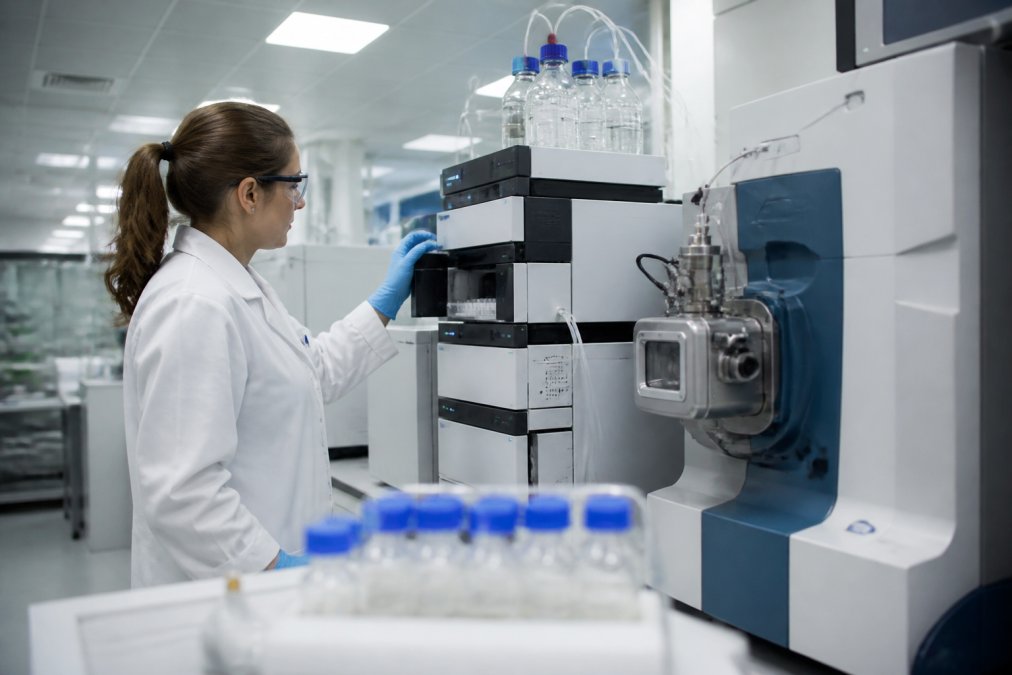 Researcher in lab coat examining HPLC chromatogram data on computer display while standing beside analytical equipment with sample vials in a modern research laboratory with fluorescent lighting