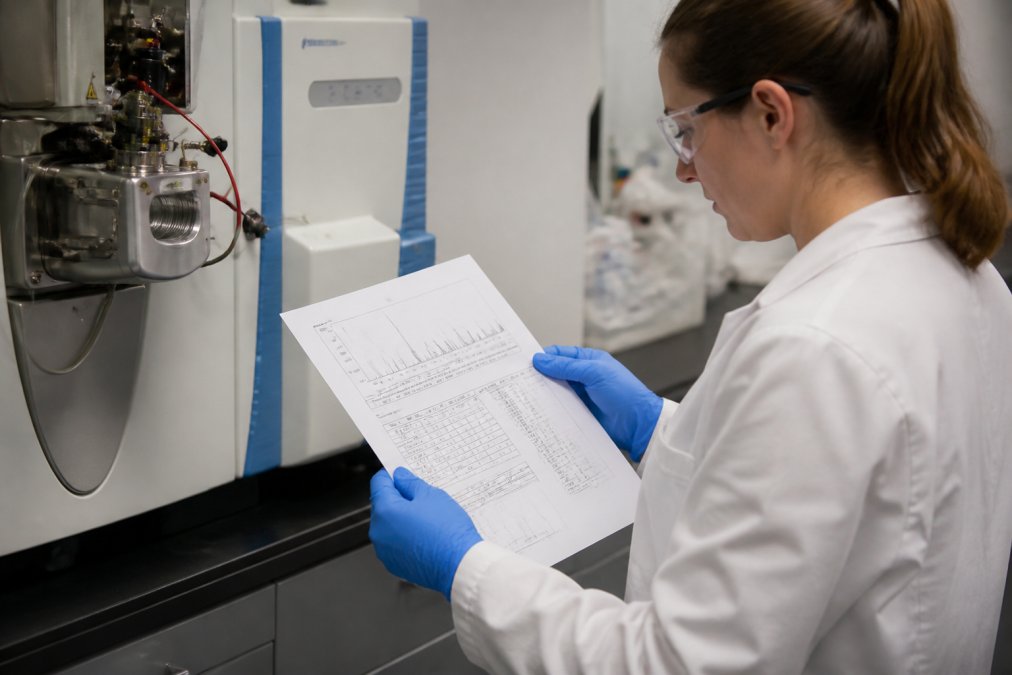 Laboratory technician in protective gloves carefully examining a printed Certificate of Analysis document next to a high-resolution mass spectrometry instrument displaying analytical data in a modern research facility