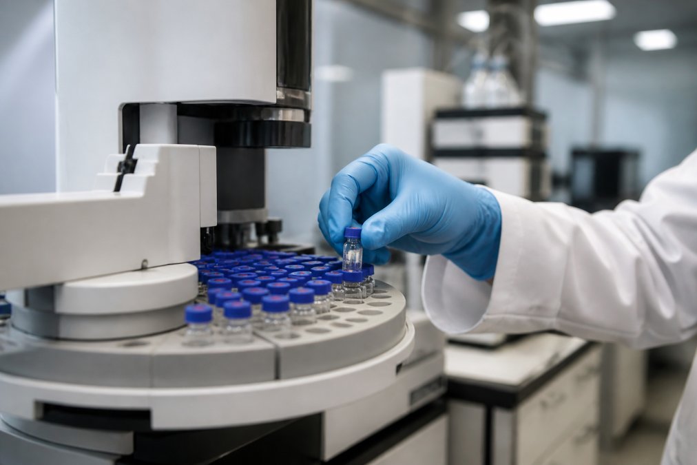 Close-up of a researcher's hands loading a small glass sample vial into an HPLC autosampler tray, modern laboratory with stainless steel equipment and soft overhead lighting