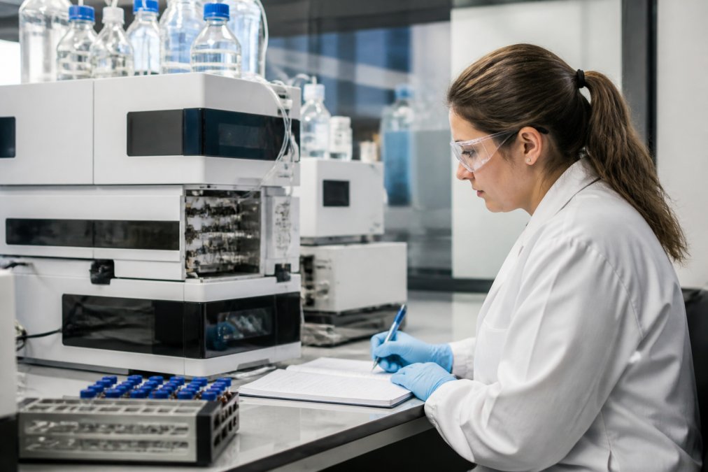 Laboratory technician working at an HPLC instrument with peptide samples in vials, examining data on a computer screen in a modern research facility with scientific equipment visible