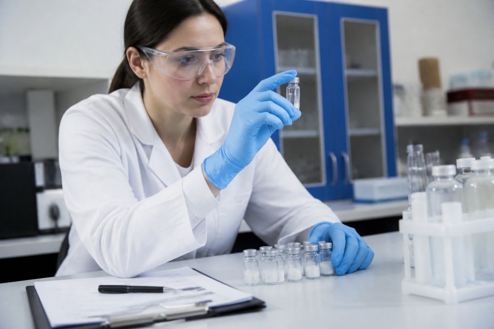 Researcher in a clean laboratory environment carefully inspecting vials of peptide solutions with quality assurance documentation and certification records visible on the workbench