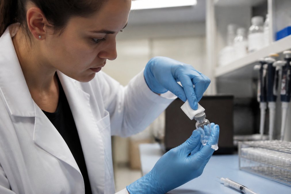 Gloved hands in a laboratory using an alcohol swab to clean the rubber stopper of a glass peptide vial before inserting a syringe needle under bright overhead lighting