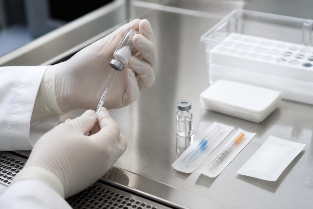 Researcher's hands in sterile gloves preparing a lyophilized peptide vial with bacteriostatic water using an insulin needle and syringe on a clean laboratory bench with organized supplies