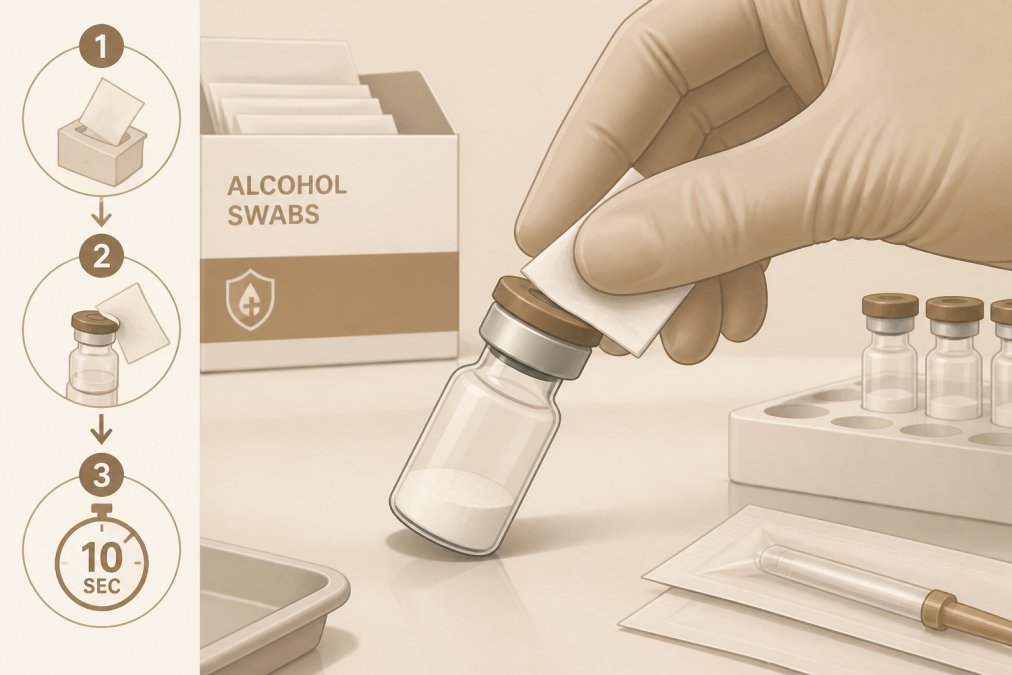 Close-up of a researcher's gloved hand sanitizing a peptide vial stopper with an alcohol swab, showing the vial positioned at an angle on a clean laboratory bench with sterile supplies nearby