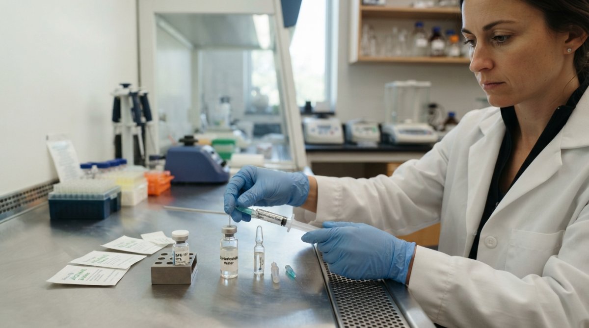 Researcher's hands performing aseptic technique with lyophilized peptide vial, bacteriostatic water, and insulin syringe on sterile workspace with alcohol swabs nearby