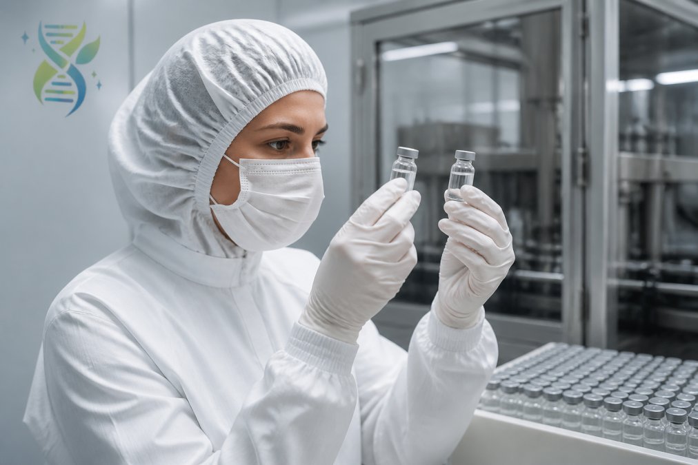 Laboratory technician in sterile protective equipment and head covering examining clear peptide vials under controlled manufacturing conditions with precise lighting and temperature monitoring