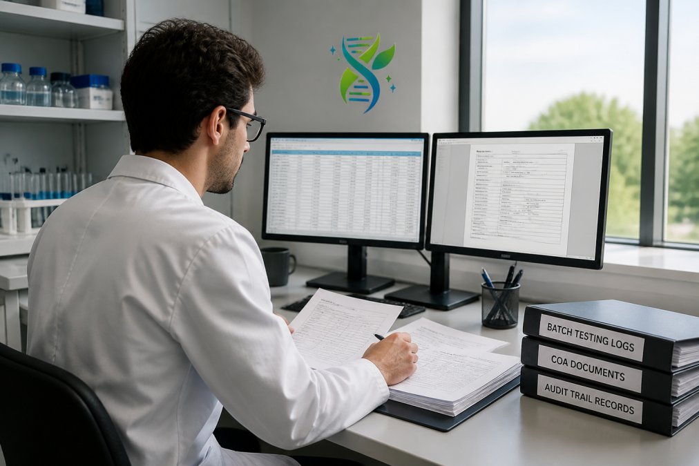 Researcher seated at desk with printed batch testing logs, COA documents, and digital audit trail system displayed on dual computer monitors in modern laboratory office with natural window lighting