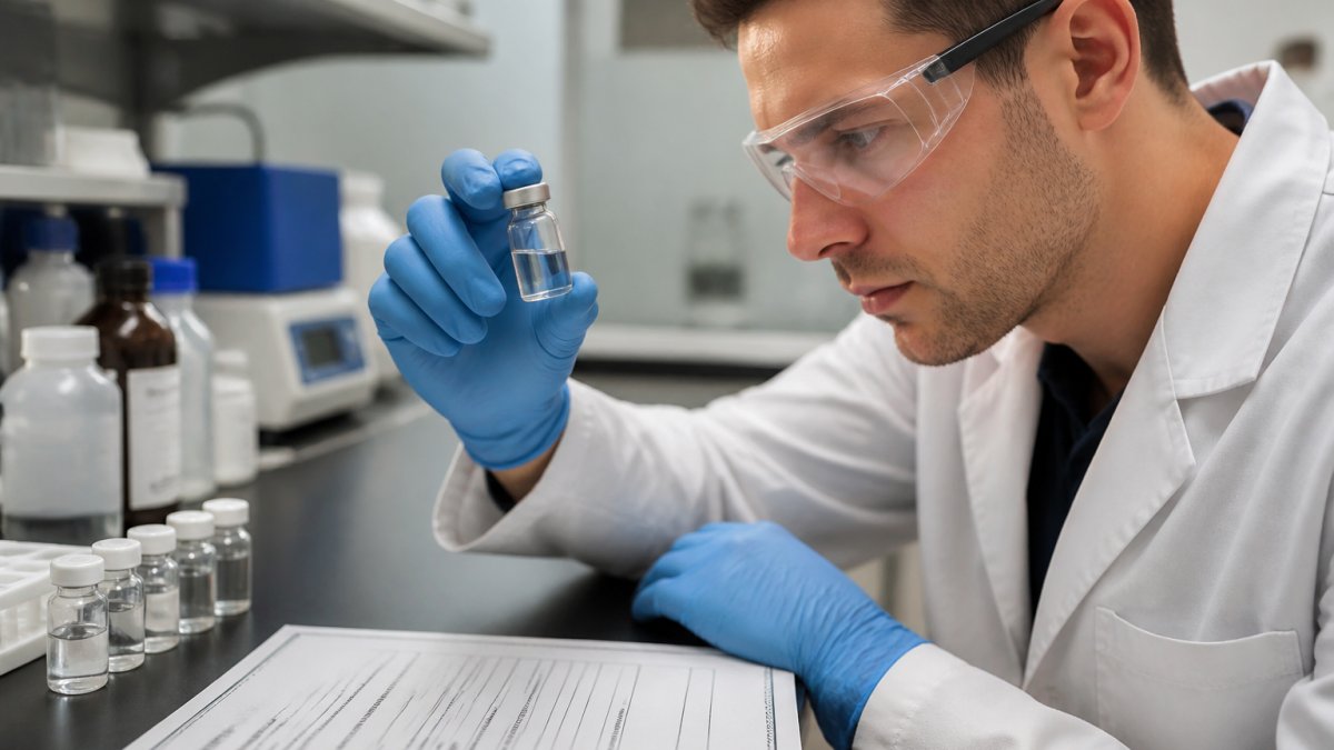 A laboratory technician wearing gloves and safety glasses examining a small vial of clear liquid next to a printed Certificate of Analysis on a clean lab bench