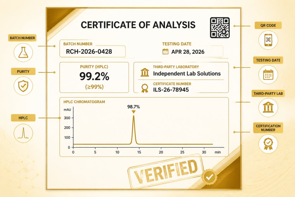 Peptide Research for Beginners: A 2026 Guide Annotated Certificate of Analysis template illustrating key data points for peptide research beginners