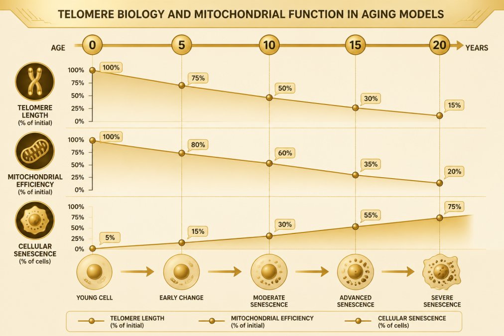 Peptide Research for Healthy Aging: A 2026 Guide Diagram showing the relationship between telomere shortening, mitochondrial efficiency decline, and cellular senescence progression over time, with specific markers at years 5, 10, 15, and 20 of aging