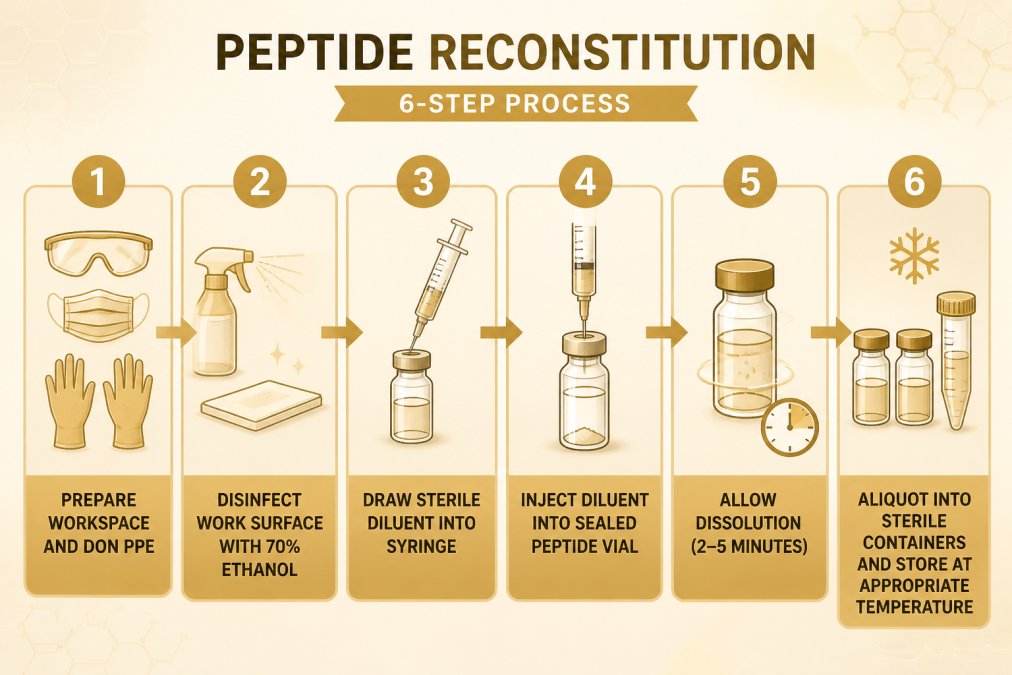 Peptide Research Safety and Handling: A 2026 Guide 6-step infographic detailing peptide reconstitution for peptide research safety and sterile laboratory use.