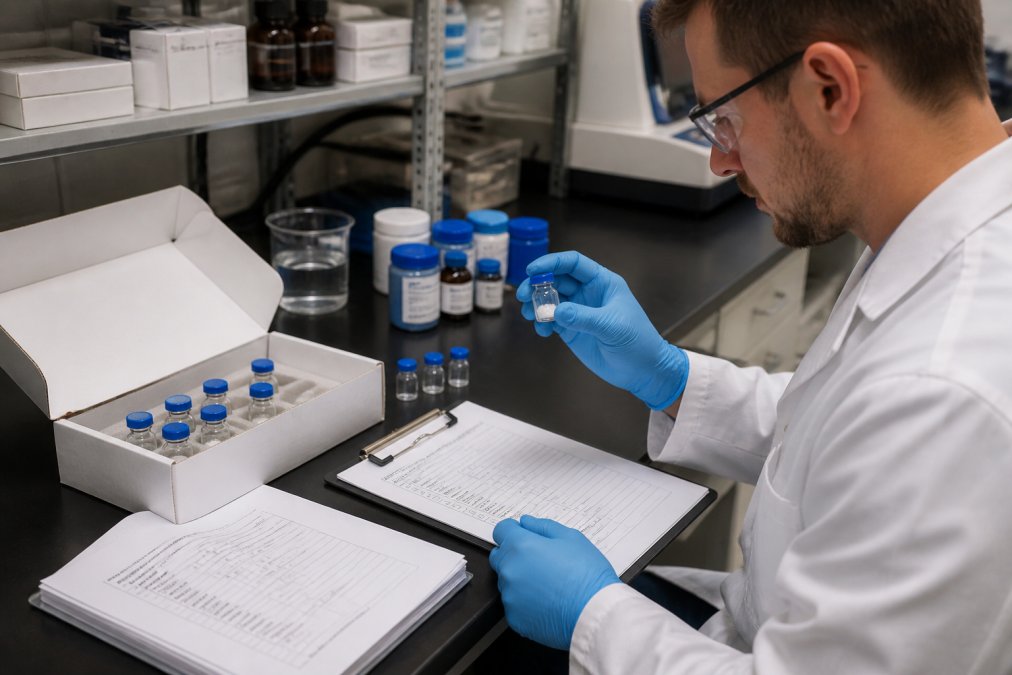 Professional laboratory technician examining peptide vials and batch documentation at a workbench with quality control checklist and analytical reports visible
