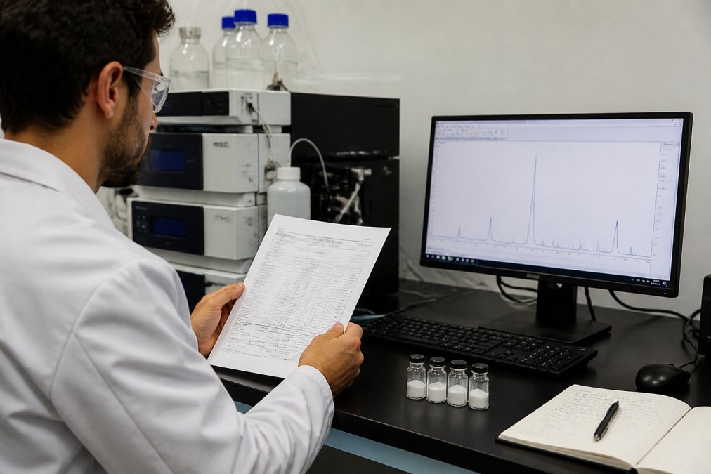 Scientist reviewing a Certificate of Analysis and HPLC data, a reliable peptide sciences alternative verification step.