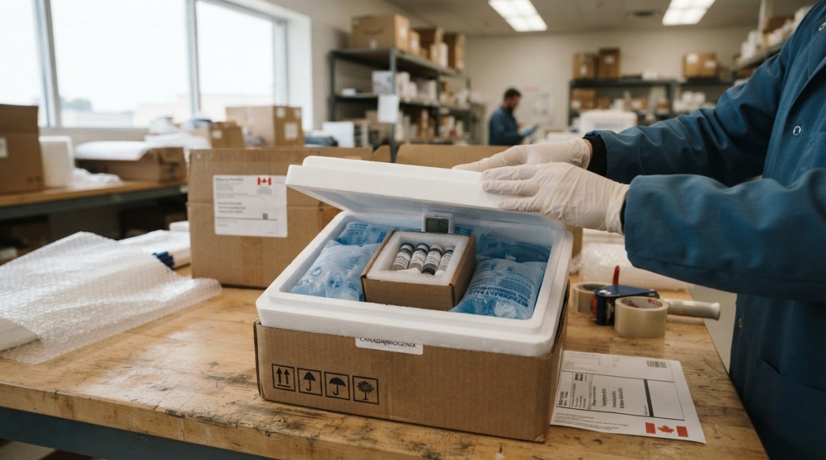 Open insulated peptide shipping box showing layered protection: inner foam-lined compartment with sealed vial of peptide, desiccant packets, blue gel ice packs arranged around the vial, and outer corrugated cardboard box with temperature monitoring label