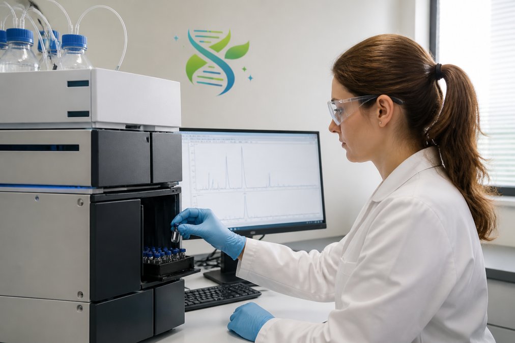 A laboratory technician in gloves and safety glasses loading a sample vial into an HPLC instrument, with a computer screen showing chromatogram peaks in the background