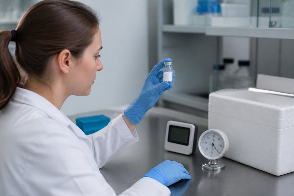 Researcher in laboratory examining a vial of lyophilized peptide under controlled lighting, with temperature and humidity monitoring equipment visible on the bench