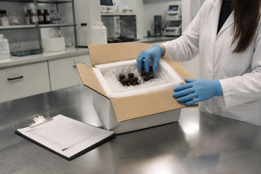 Laboratory technician carefully opening a shipping package containing amber vials with insulation materials, with a Certificate of Analysis document visible nearby