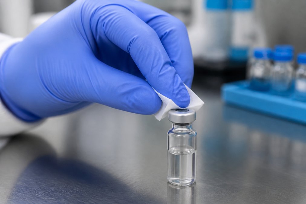 Close-up of a gloved hand sanitizing a peptide vial stopper with an alcohol swab, showing proper technique with the vial positioned upright on a clean laboratory surface