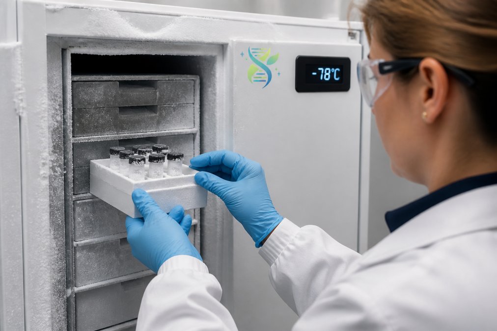Professional laboratory technician loading lyophilised peptide vials into a -80°C ultra-low freezer, with frost visible on vial exteriors and digital temperature display showing -78°C in background