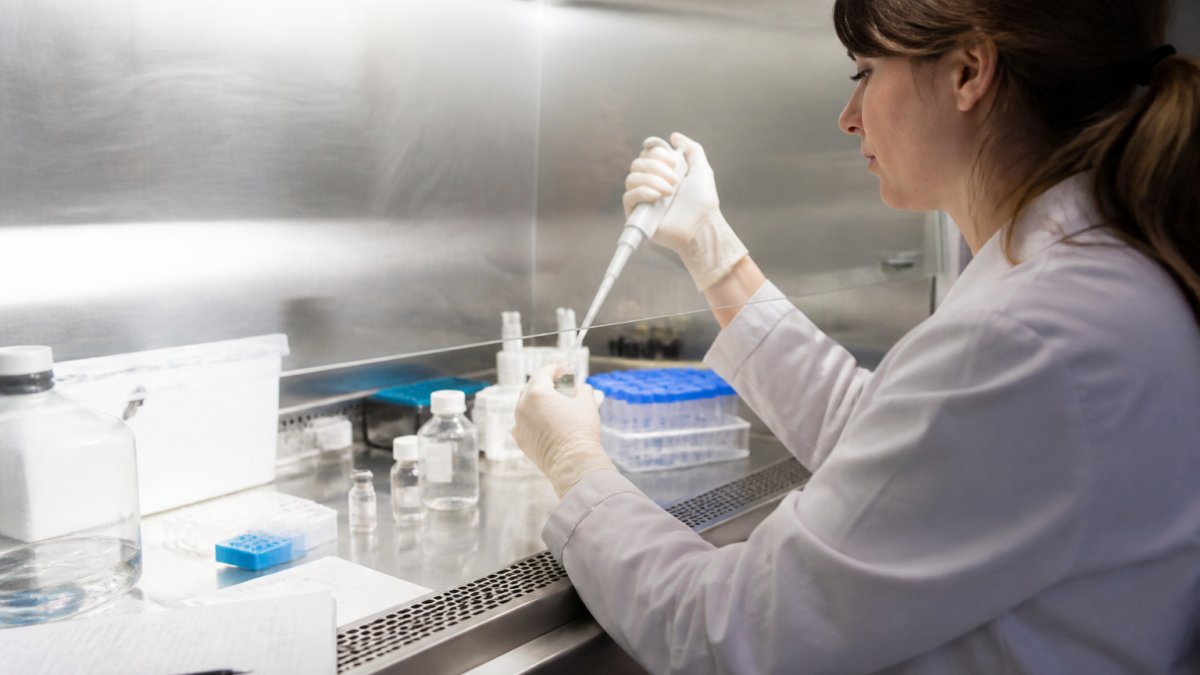 Researcher in laboratory wearing sterile gloves carefully preparing a peptide sample at a clean bench with labeled containers, sterile equipment, and documentation visible under bright overhead lighting